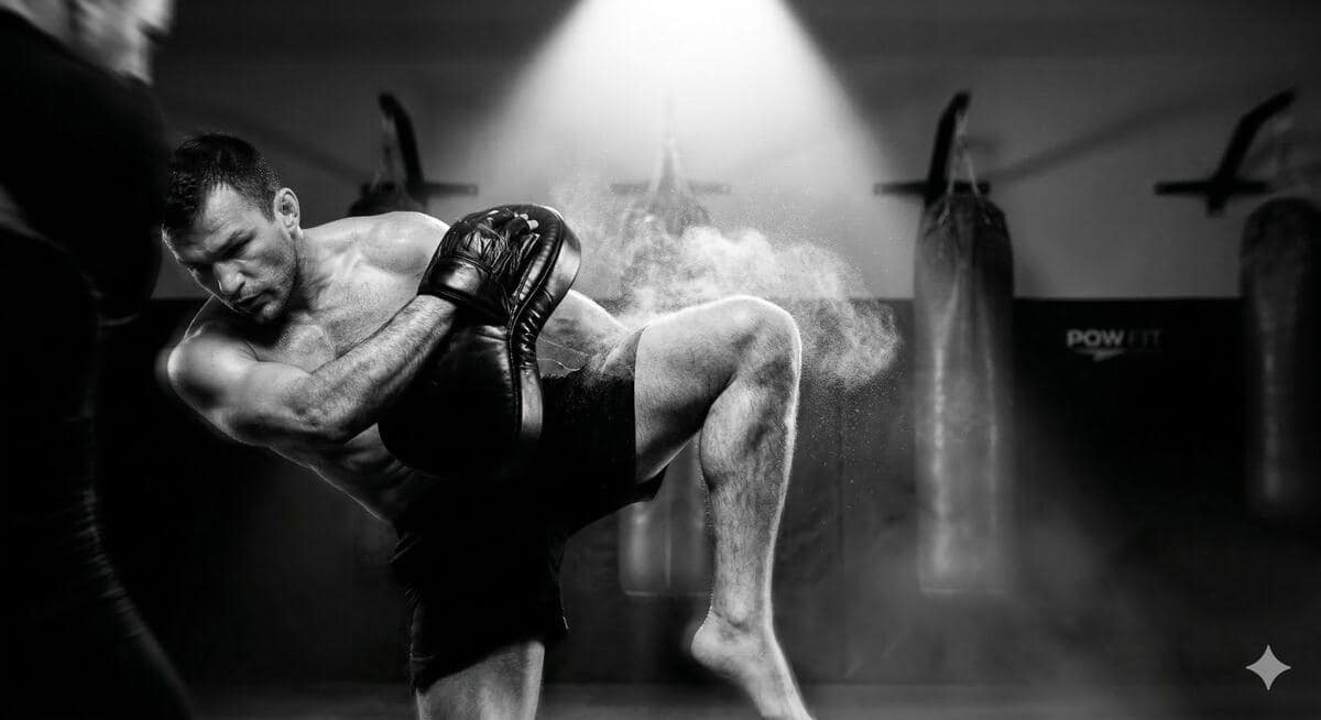 Pow Fit member throwing a knee strike during a Strike45 heavy-bag circuit