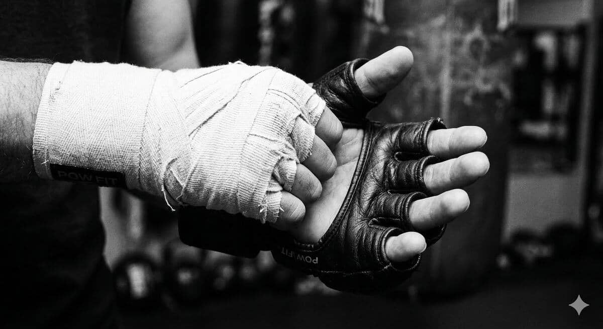 Close-up of wrapped hands and a training glove at Pow Fit
