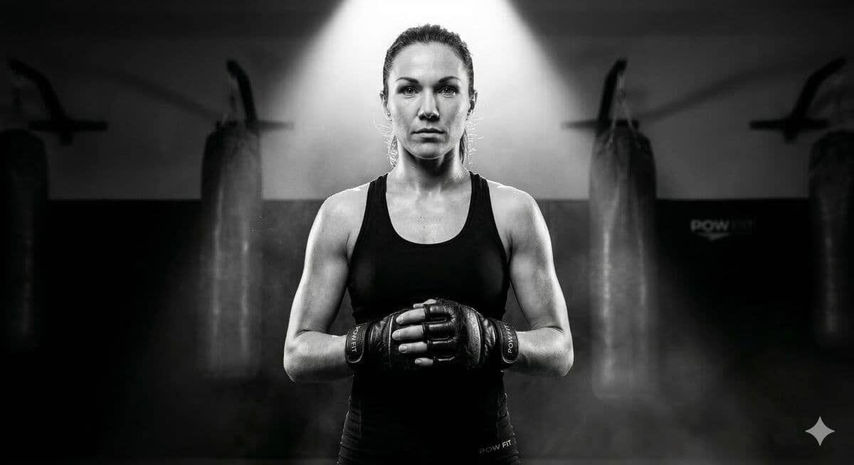 Woman in a fighting stance in front of the Pow Fit heavy bags