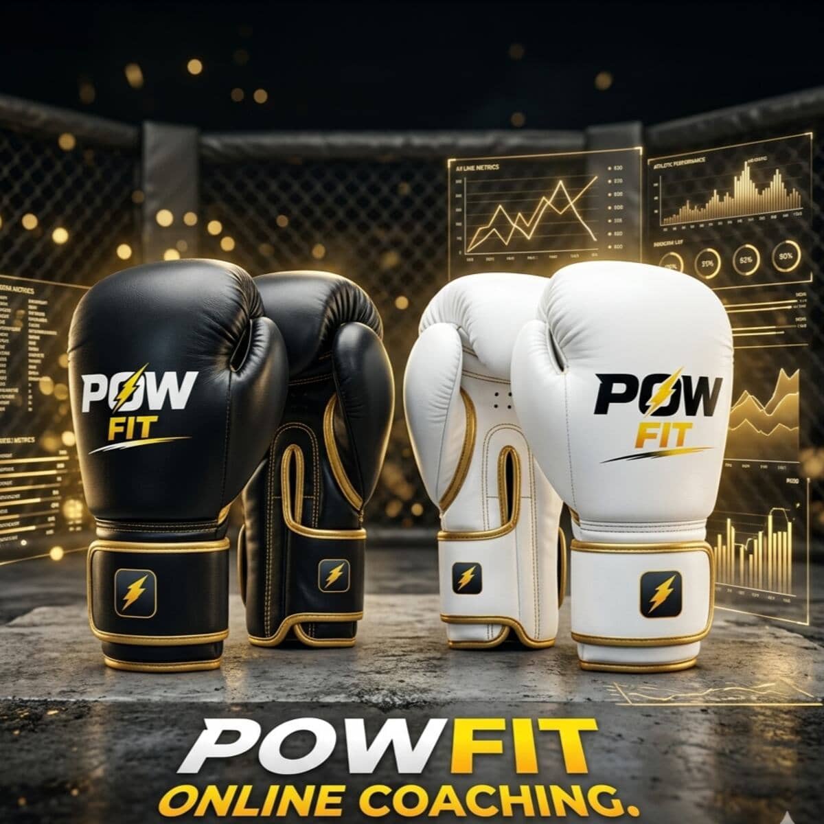Pow Fit branded boxing gloves beside online coaching performance charts